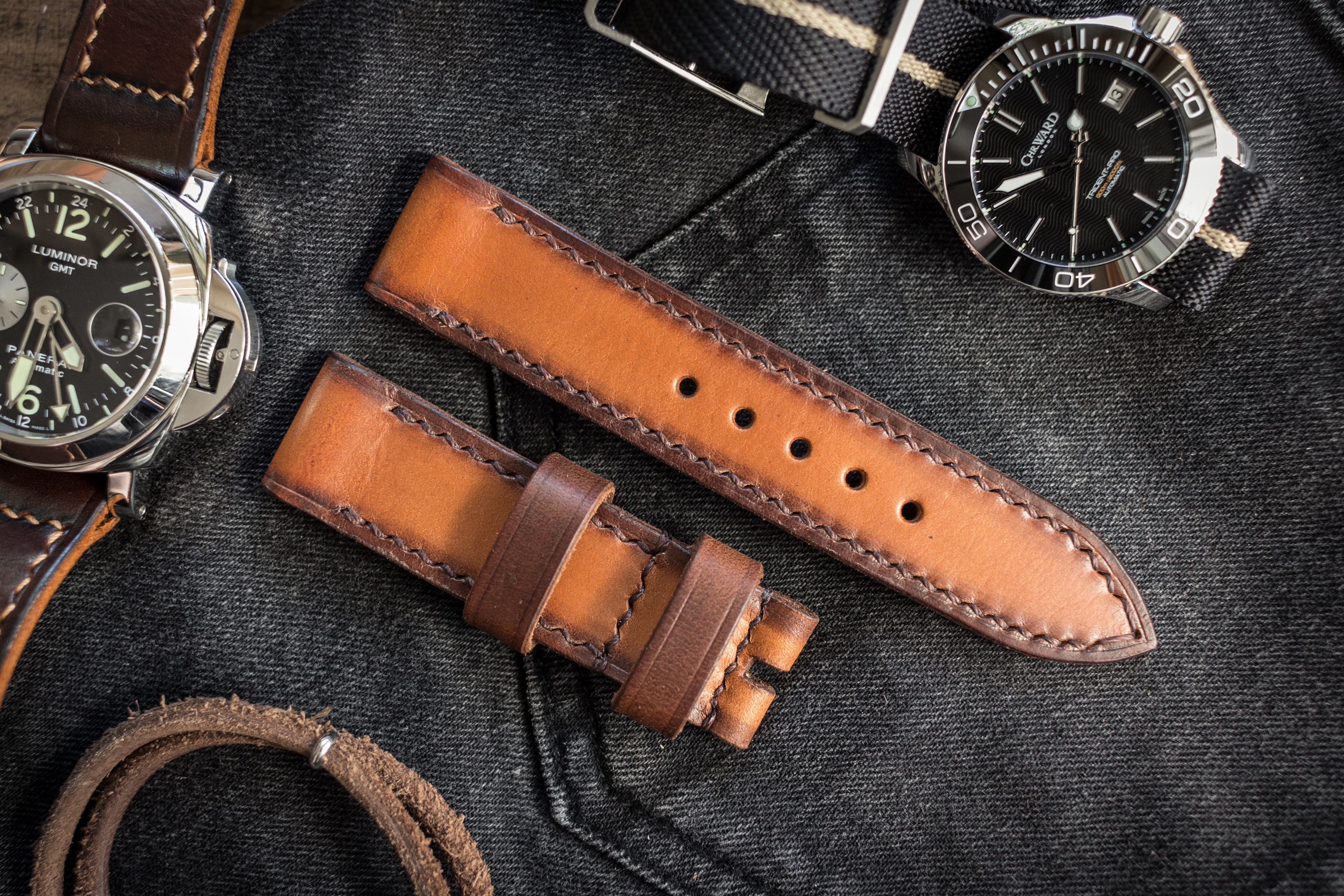 Antiqued Hand Stitched 22 22mm Veg Tan Brown Leather Strap 125